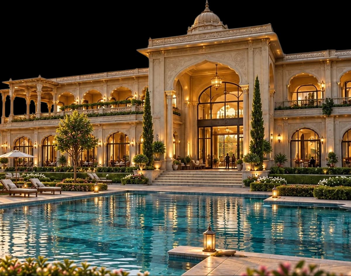 The clubhouse and swimming pool at Braj Vrindaan, lit at dusk