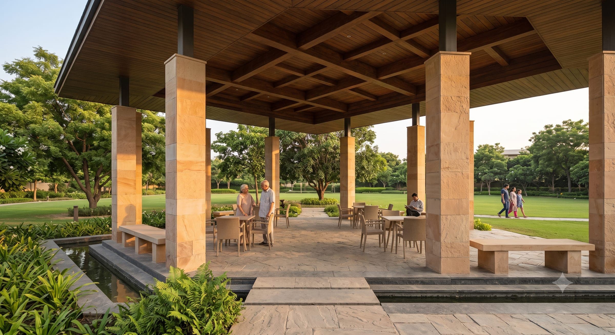 The community pavilion and lawn at Braj Vrindaan