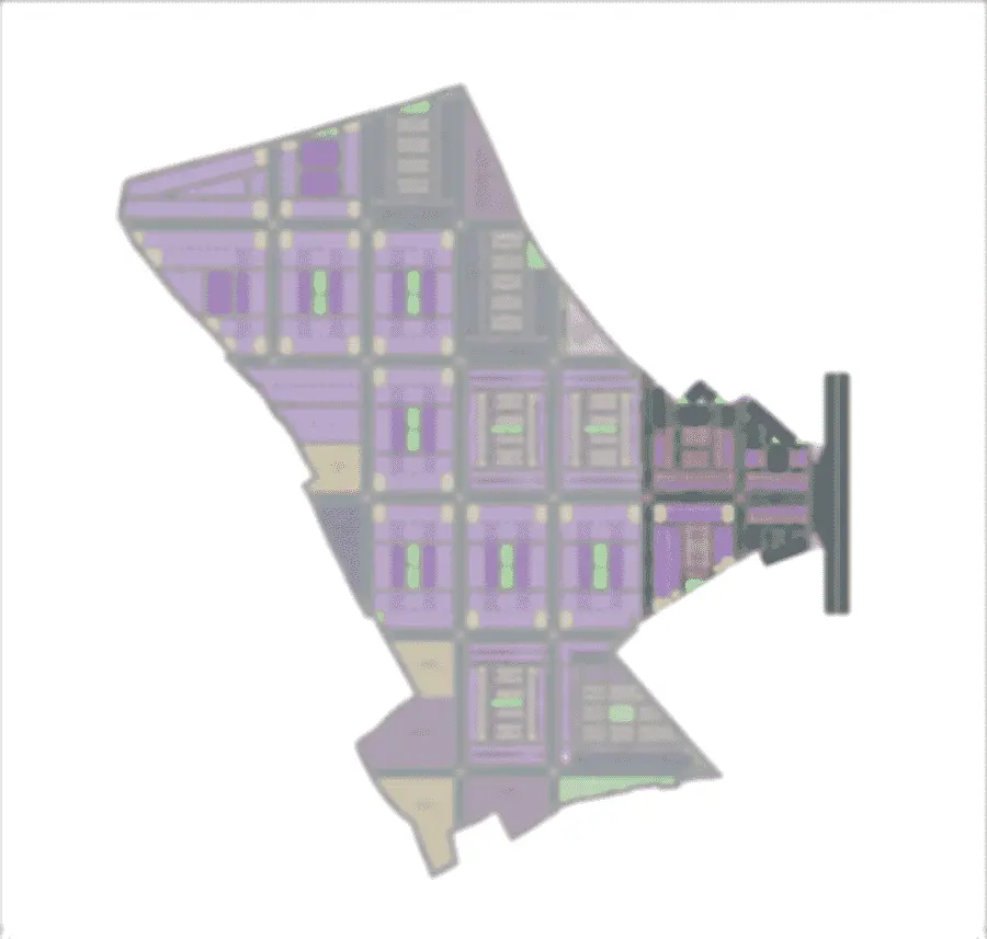 A simplified view of the Braj Vrindaan township plan, showing the sectors, the greens and the central spine