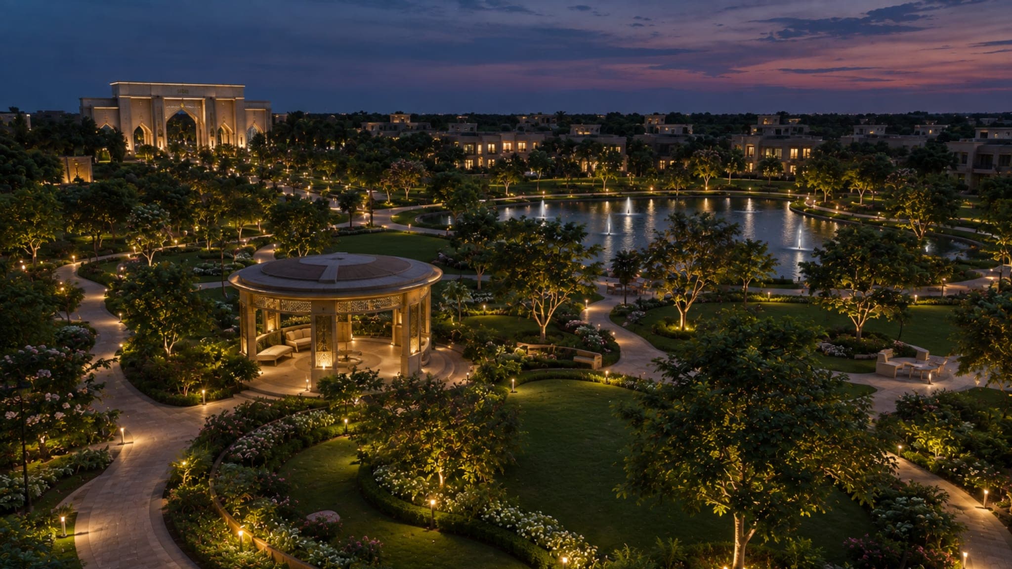 A landscaped park within a residential sector