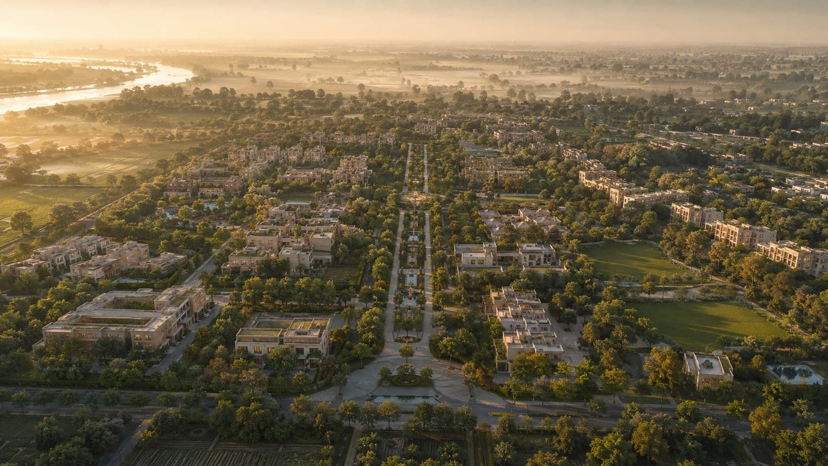 Wide aerial view of the Braj Vrindaan township