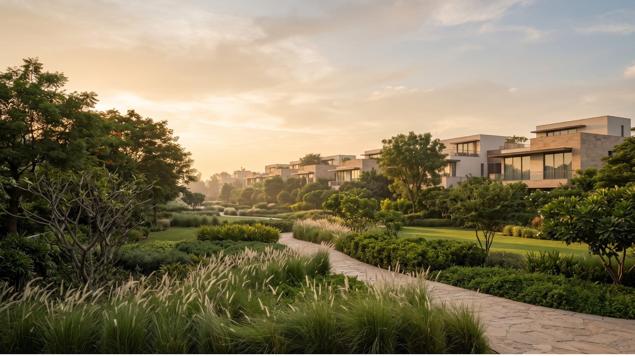 Open land and planting at Braj Vrindaan at sunset